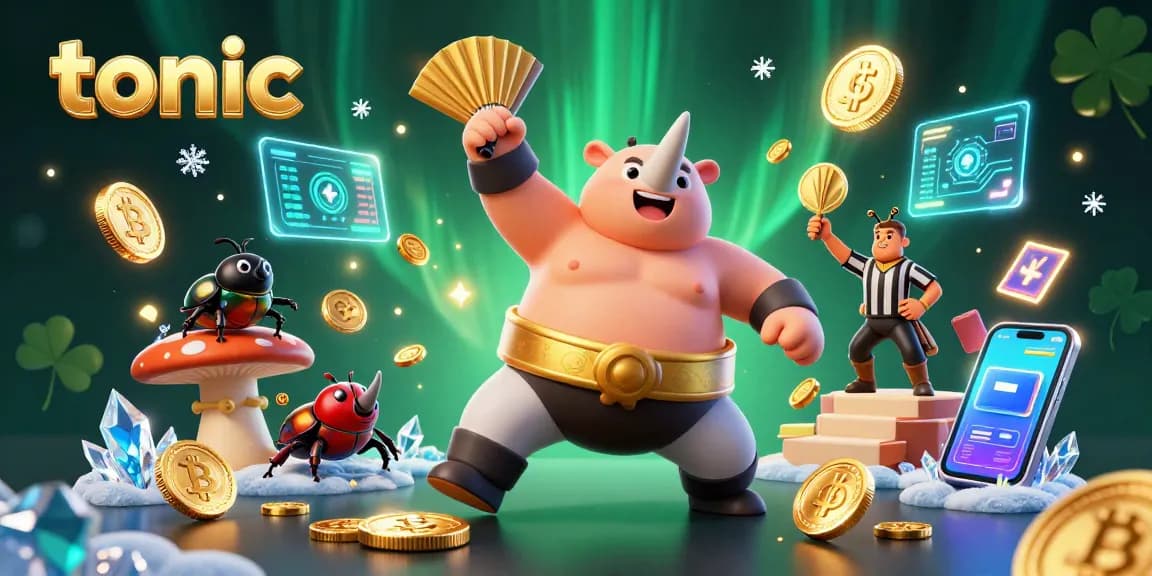 Engage with tonic-themed vibrant gaming action featuring beetle champions celebrating wins amidst golden coins.