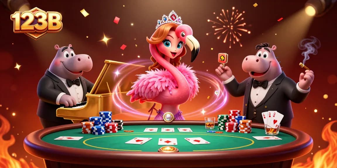 Engage in thrilling casino action at 123B, featuring dynamic scenes with vibrant characters and poker elements.