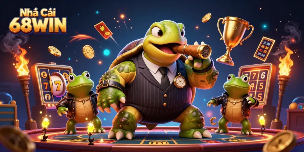 Engaging illustration featuring Nhà Cái 68WIN with dynamic gaming elements and cartoon characters for a vibrant casino experience.