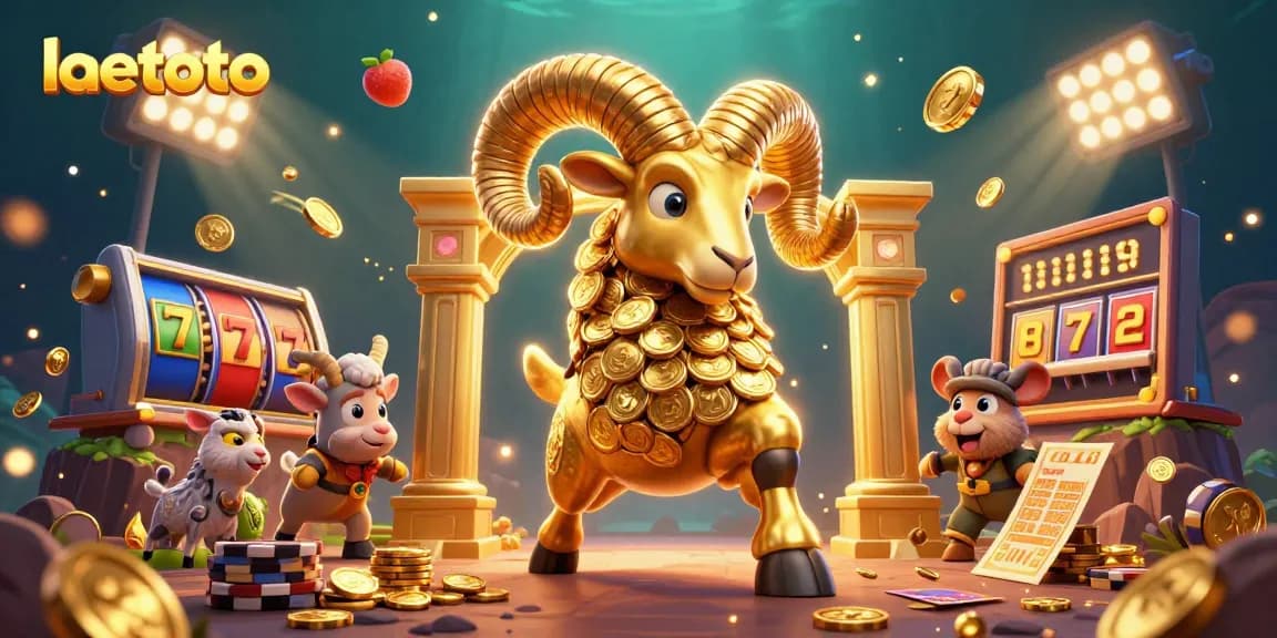 Experience thrilling slots with laetoto's golden ram amidst a rich casino environment.