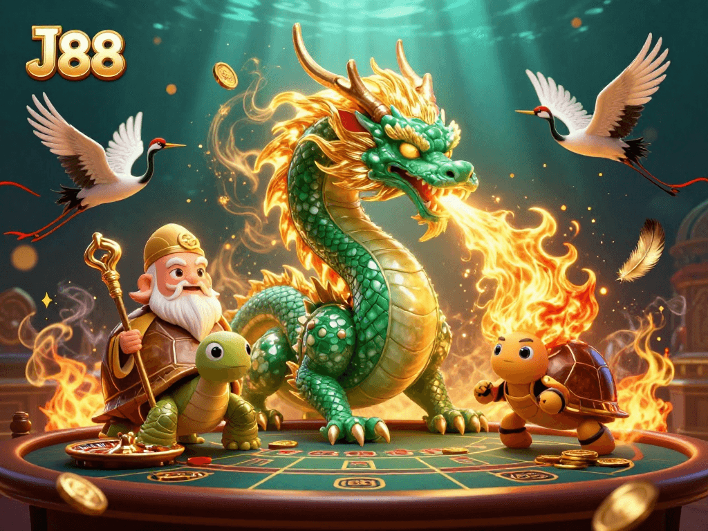 Bet on J88 with vibrant casino scene featuring a jade dragon, turtle sage, and lucky cranes.