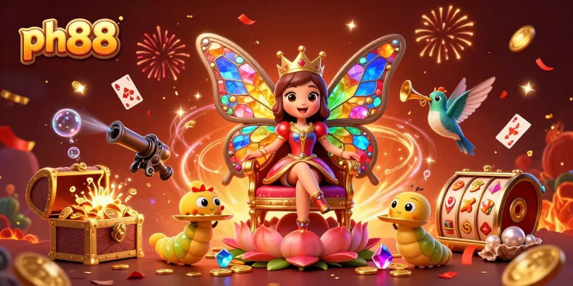 Experience thrilling gameplay at ph88, featuring a colorful butterfly queen in a vibrant casino scene.