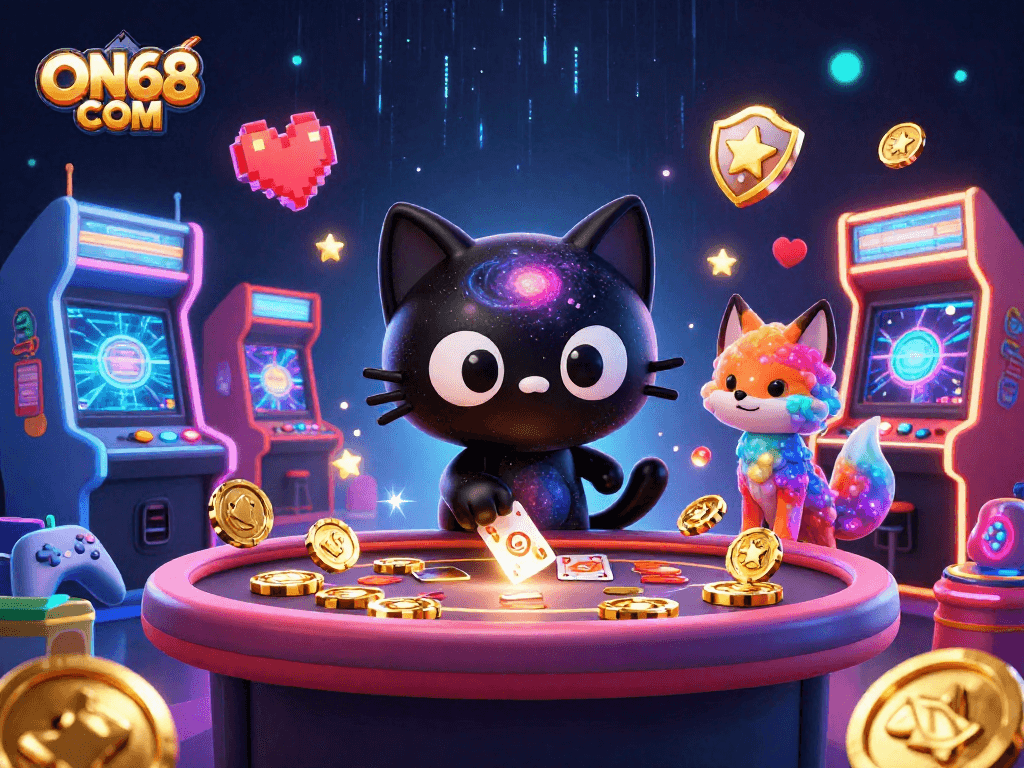 Engage in thrilling gameplay at ON68 COM with a cosmic casino scene showcasing vibrant 3D characters and game elements.