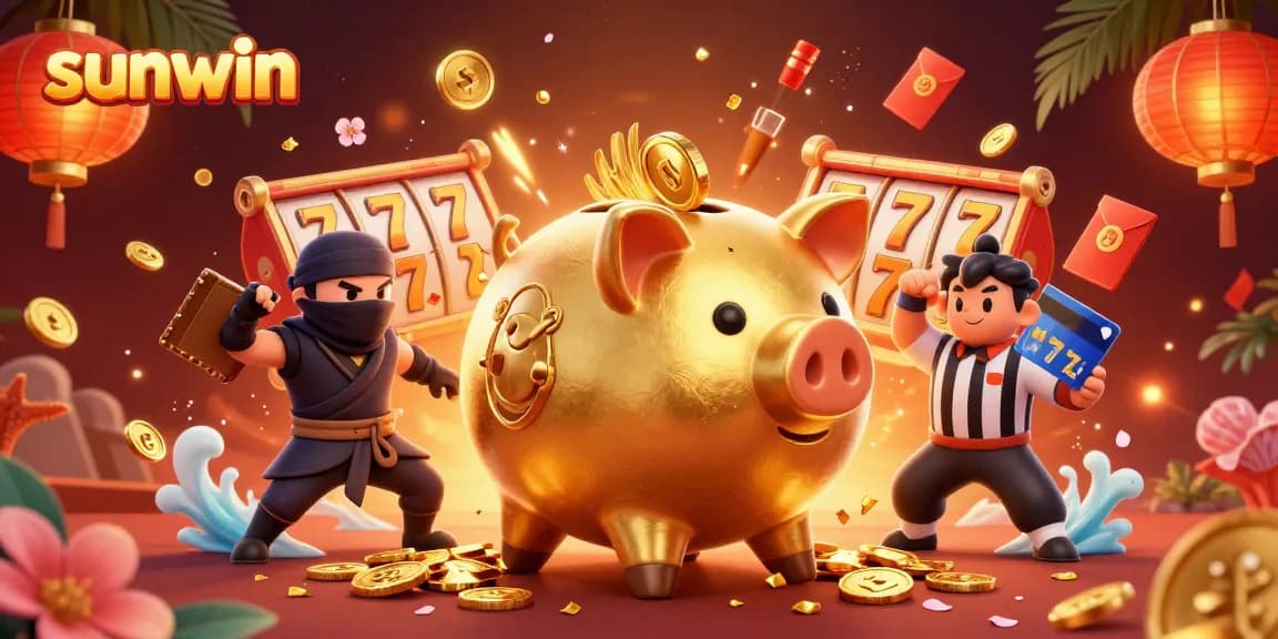 Experience thrilling games at sunwin with a dynamic 3D illustration of a golden piggy bank sumo wrestler in action.