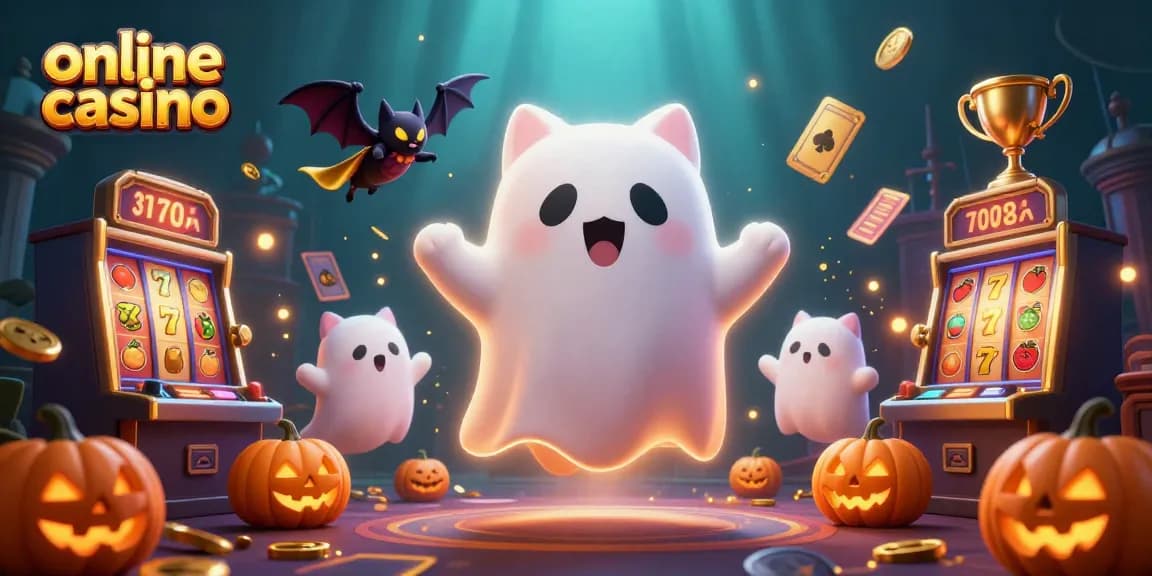 Experience the thrill of an online casino with a friendly ghost cat and vampire bat in a haunted mansion.
