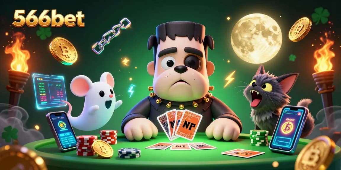 Engage with 566bet's exciting gaming scene featuring a spooky game table and thrilling characters.