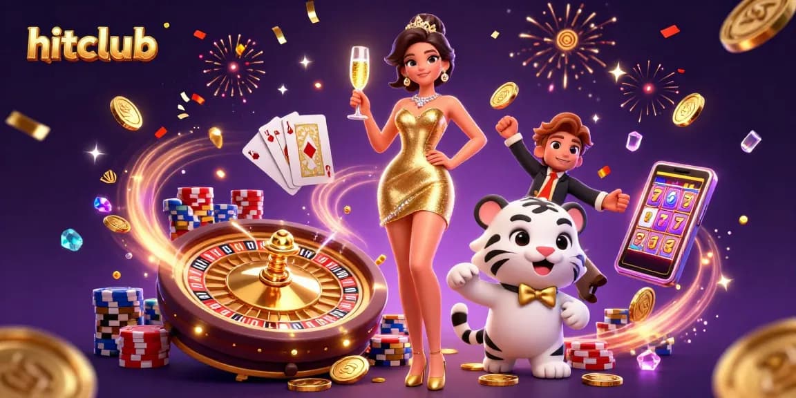 Hitclub offers thrilling gaming experiences with dynamic slots and poker, featuring a glamorous lady and a lucky tiger.