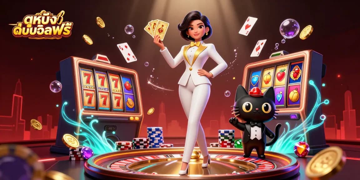 Experience the thrill of ดูหนังออนไลน์ฟรี with lively casino action captured in an illustrated scene.