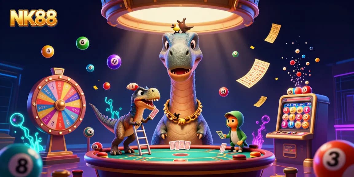 NK88 players winning at a casino with a towering brontosaurus dealer, colorful lottery elements flying around.