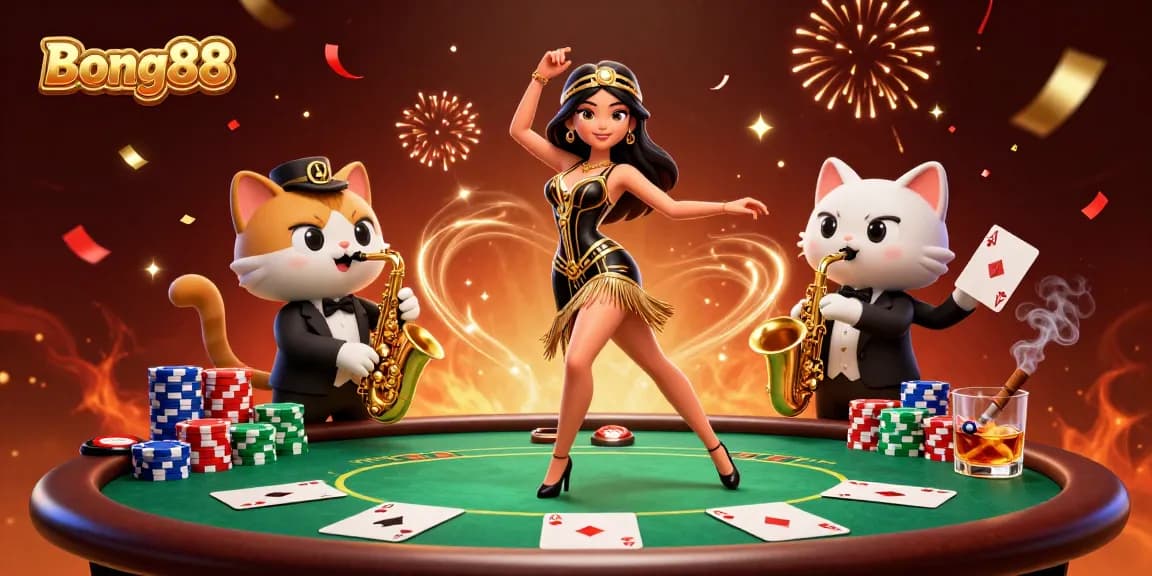 Bong88 showcases a vibrant casino scene with a dancing woman and playful cat surrounded by poker elements.