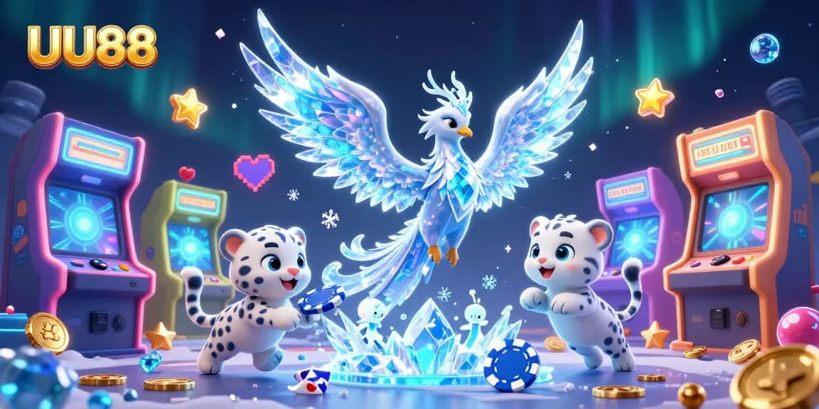 Engage with the vibrant UU88 world where a snow leopards play with poker chips amidst dazzling animated gaming elements.