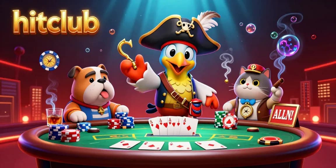 Experience hitclub's vibrant casino scene with characters betting at a poker table amidst colorful chips and glamorous details.