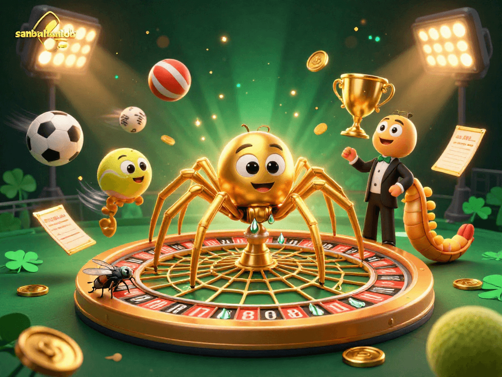 Sambalrawitankoko showcases an energetic betting scene with a golden spider and dynamic sports balls.