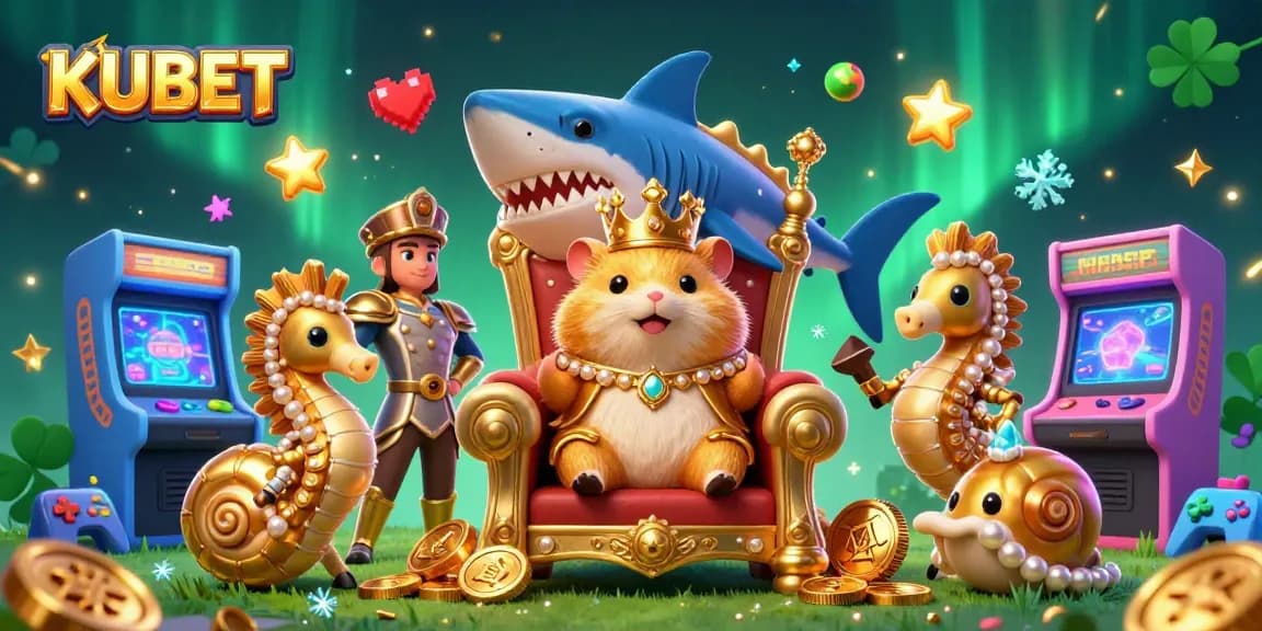 KUBET engaging players with a golden hamster king in a casino-themed vibrant scene featuring arcade and gambling elements.