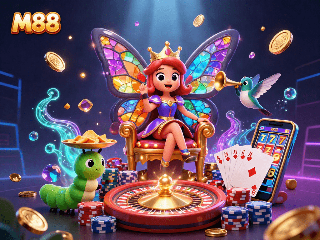 M88 enhances your gaming with a vibrant 3D illustration of a casino scene featuring a butterfly queen and roulette.