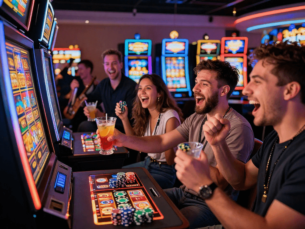 Friends celebrating thrilling slot jackpot win at a vibrant casino.