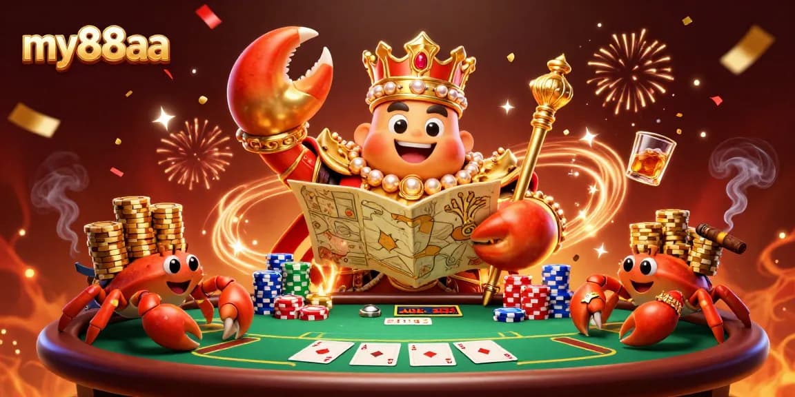 Join the excitement at my88aa with a dynamic poker scene featuring a golden crab emperor and fortune symbols.