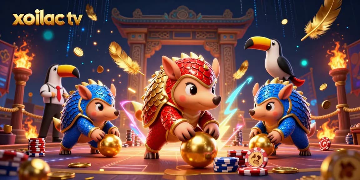 Xoilac TV features dynamic pangolins rolling into golden balls amidst vibrant poker chips, enhancing the online gaming experience.