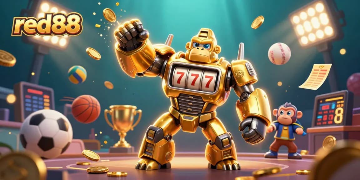 Experience thrilling gameplay with red88's vibrant 3D illustration featuring a golden gorilla mech and dynamic sports elements.