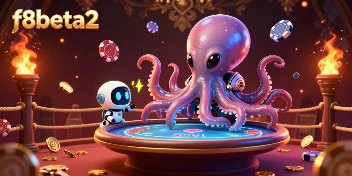 Engage with f8beta2's thrilling poker action featuring an octopus and robot in a dynamic cosmic setting.