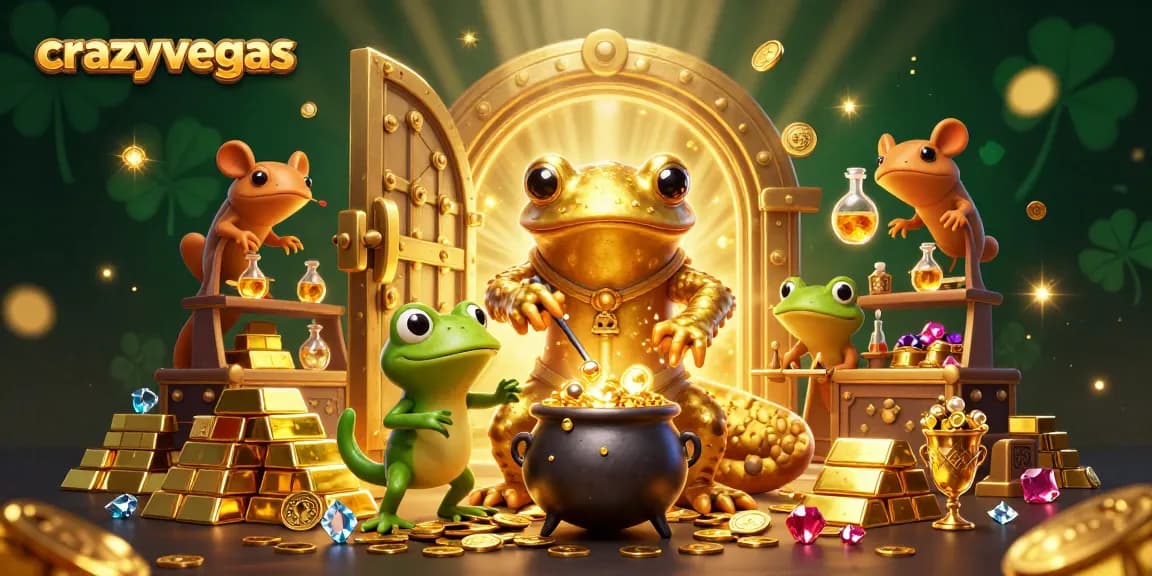 Win big at crazyvegas with lively characters creating gold coins in this vibrant casino scene.