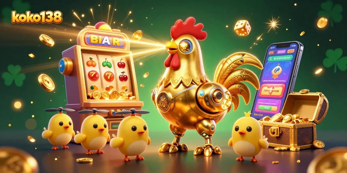 Koko138 showcases a vibrant casino scene with golden rooster robot and baby chick drones amid slots, coins, and jackpot excitement.