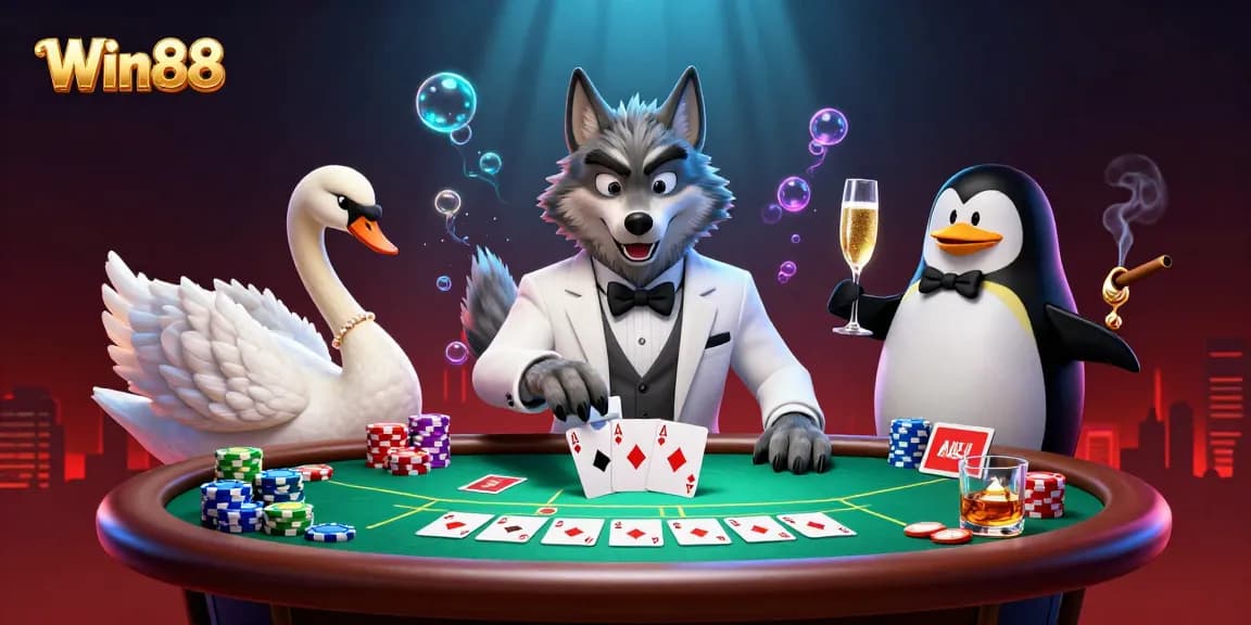 Win88 engages players in a vibrant casino scene with a baccarat table, showcasing strategic gameplay.