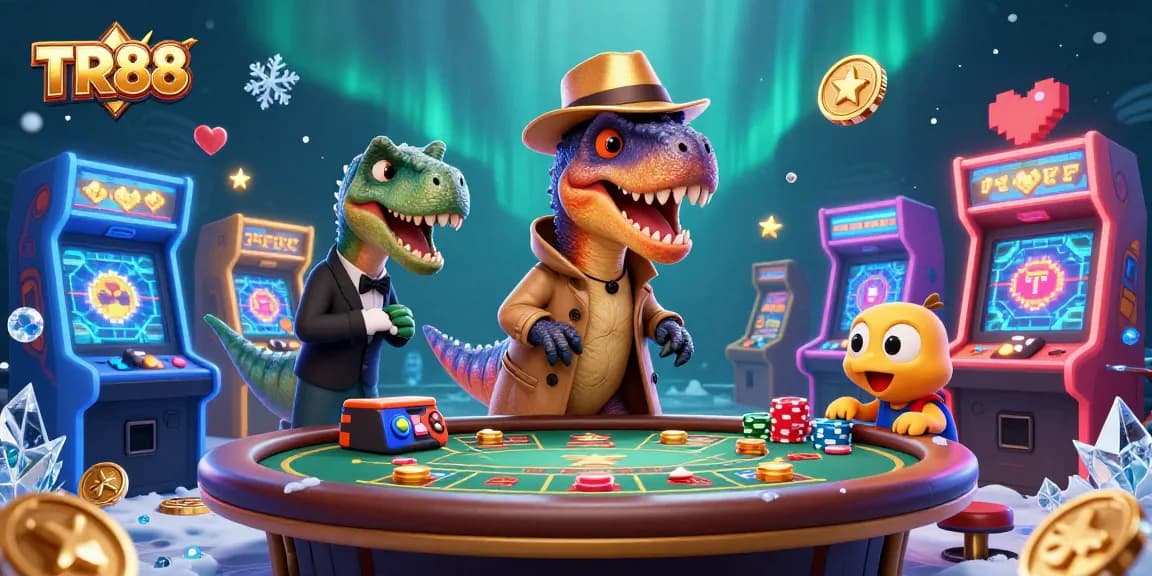 TR88 offers exciting gaming adventures with a velociraptor card counter at a lively blackjack table.