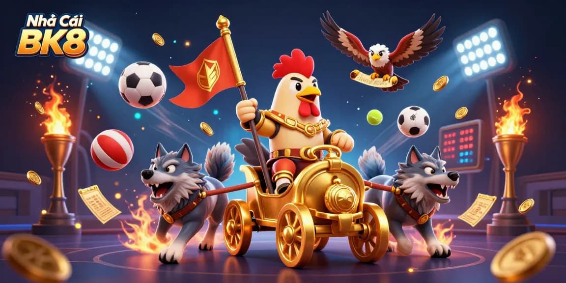 Engage in exciting gaming at Nhà Cái BK8 with dynamic action featuring a rooster warlord, sports elements, and rich golden visuals.