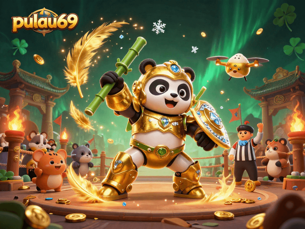 Experience the excitement of pulau69 gaming with a vibrant mech-suit panda in a rich casino arena.