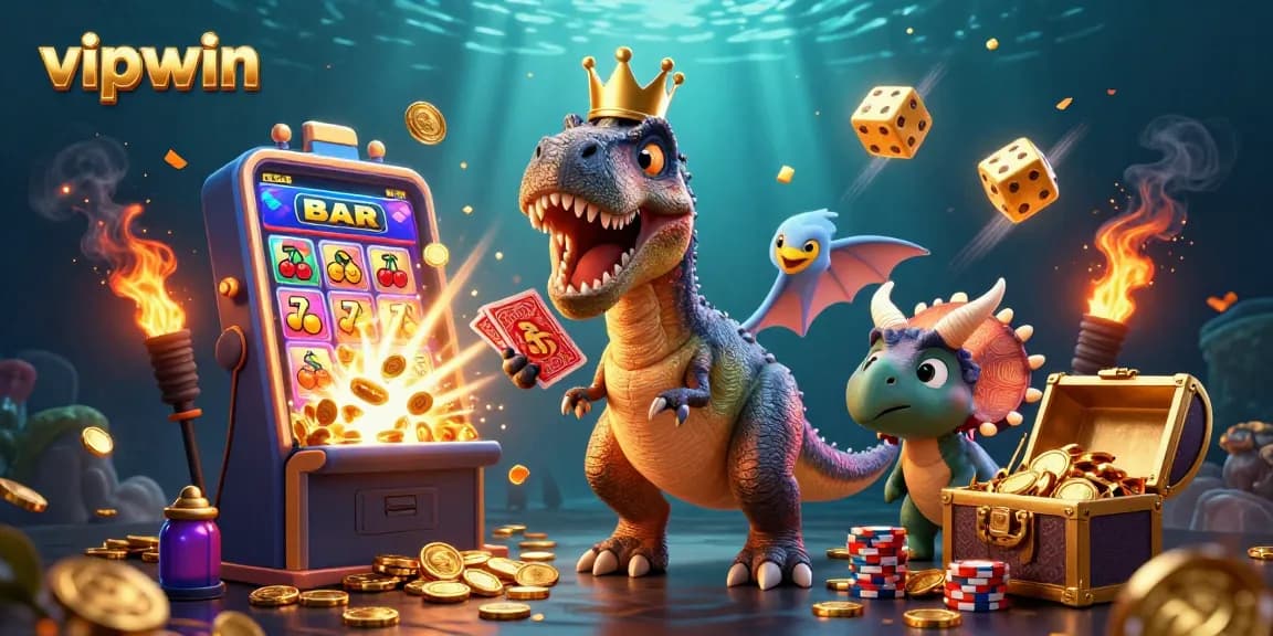 Experience the excitement with vipwin's 3D casino illustration featuring a T-Rex, pterodactyl, and triceratops amid slot machines and coins.