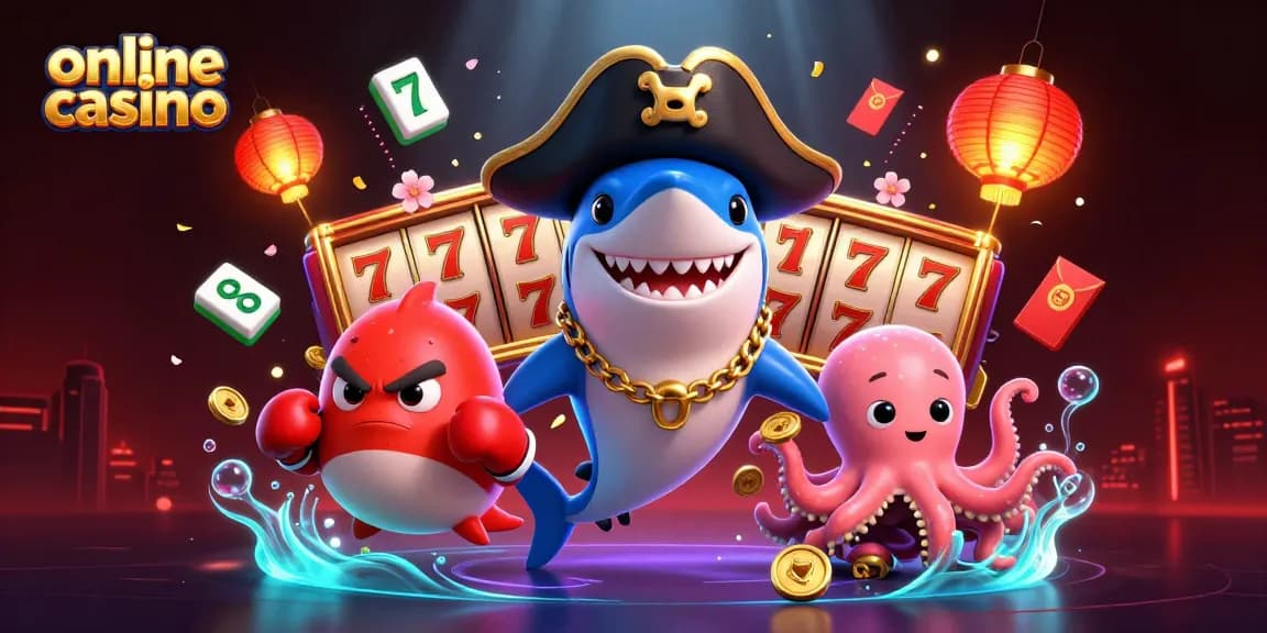 Engaging online casino scene with a cartoon pirate shark, pufferfish, and octopus surrounded by festive game elements.