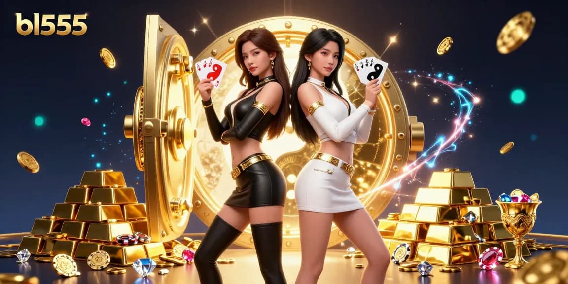 Engage in thrilling gameplay at bl555 with twin Asian women holding playing cards amidst a treasure-filled casino scene.