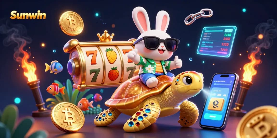 Play at Sunwin's colorful casino slots with a lucky rabbit and golden turtle in 3D art.