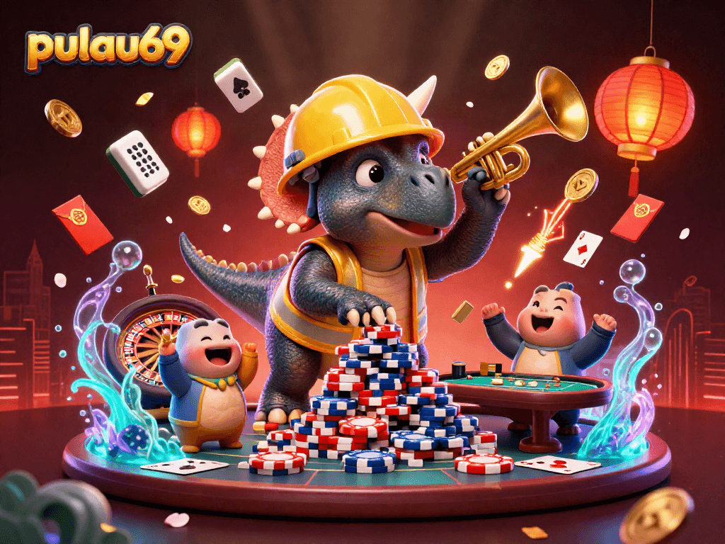 Engage with pulau69 in an energizing scene of dinosaur characters celebrating over poker chips and casino elements.