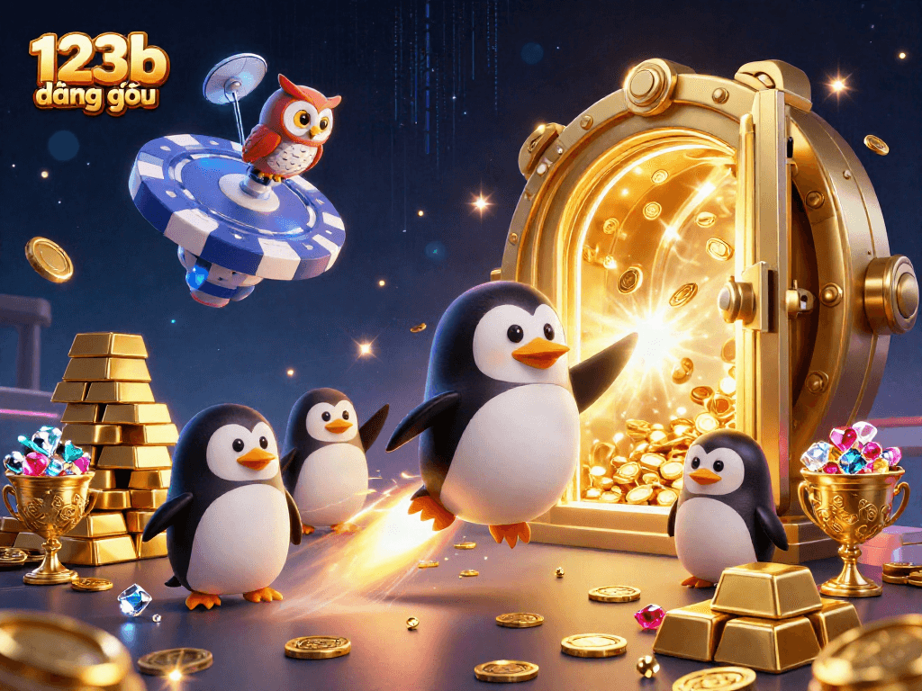Experience exciting gaming at 123b đăng nhập, where a golden penguin thrives in a vibrant casino space.