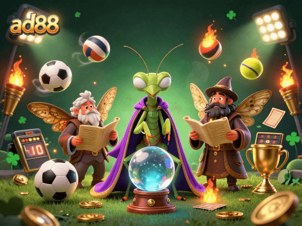 Engage with ad88's vibrant casino illustration featuring a fortune teller amidst dynamic sports betting elements.