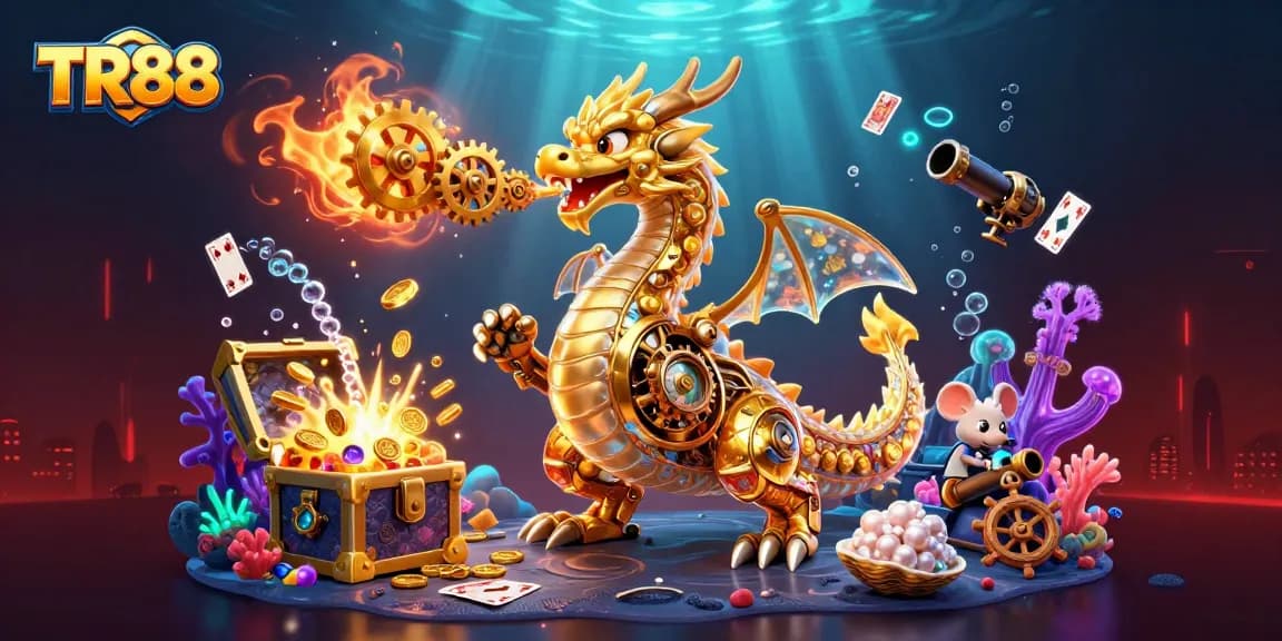 Experience TR88's vibrant gaming universe with a playful biomechanical dragon amidst treasures and dynamic elements.