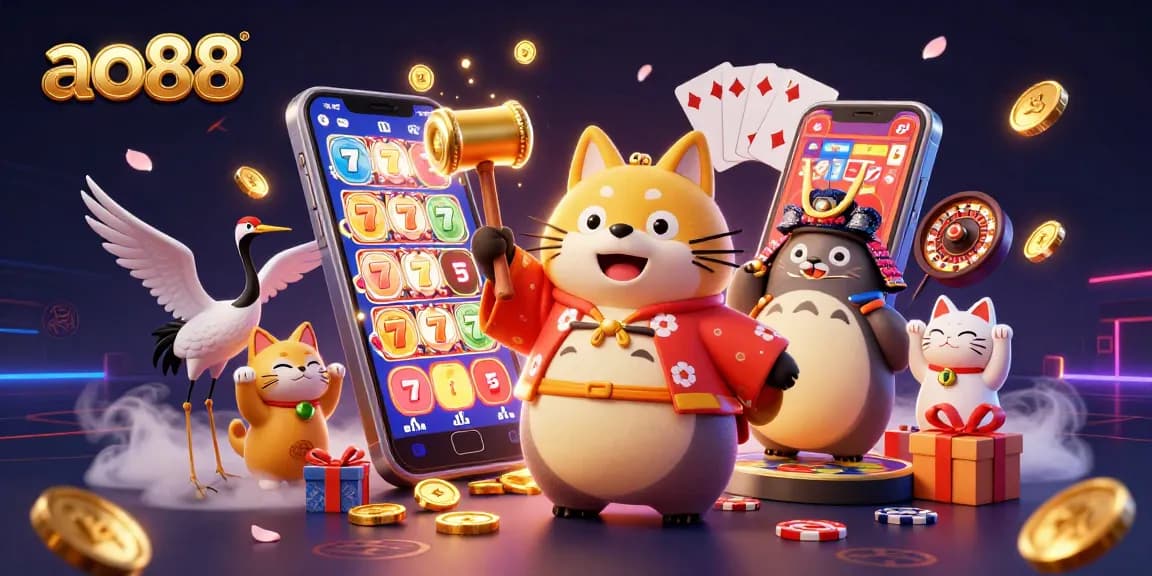 Engage with ao88's vibrant slot game scene featuring joyful tanuki and fortune cats.