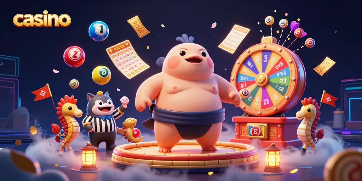 Engaging casino scene featuring a fugu, catfish referee, and lottery elements for vibrant fun.
