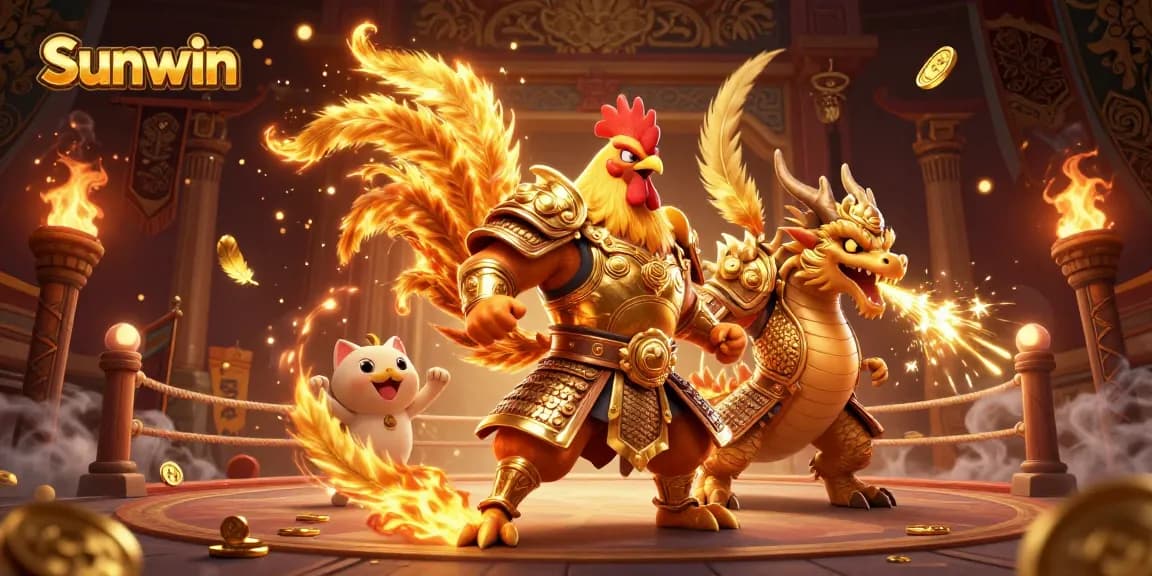 Experience the excitement of Sunwin with a fierce 3D cartoon rooster warrior and dragon in action.
