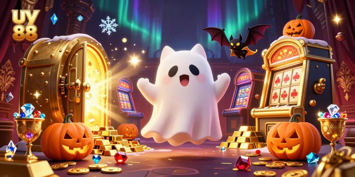 Experience thrilling gaming with uy 88 in a vibrant casino scene showcasing a ghost cat and treasure.