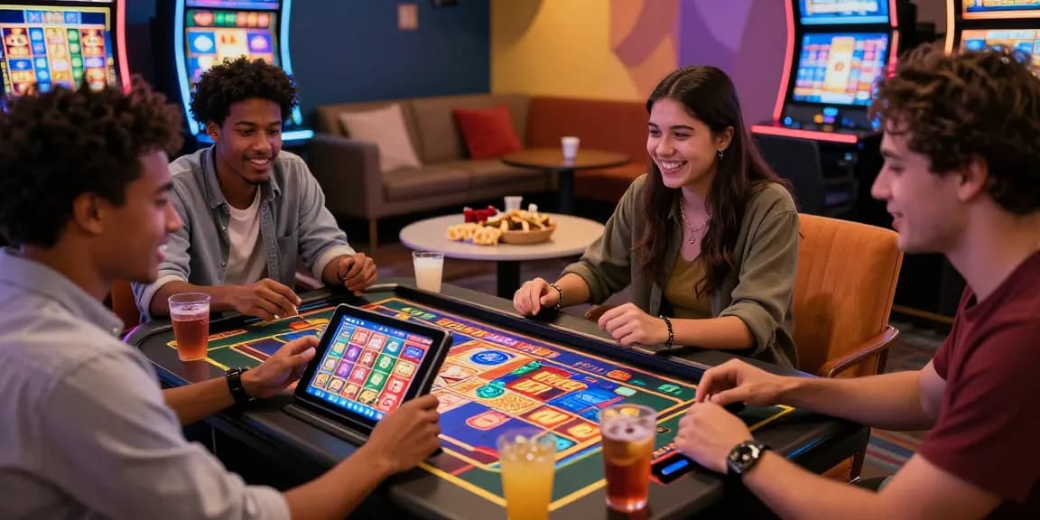 Friends enjoying a game of situs judi slot online terpercaya with colorful slot machine graphics on tablet.