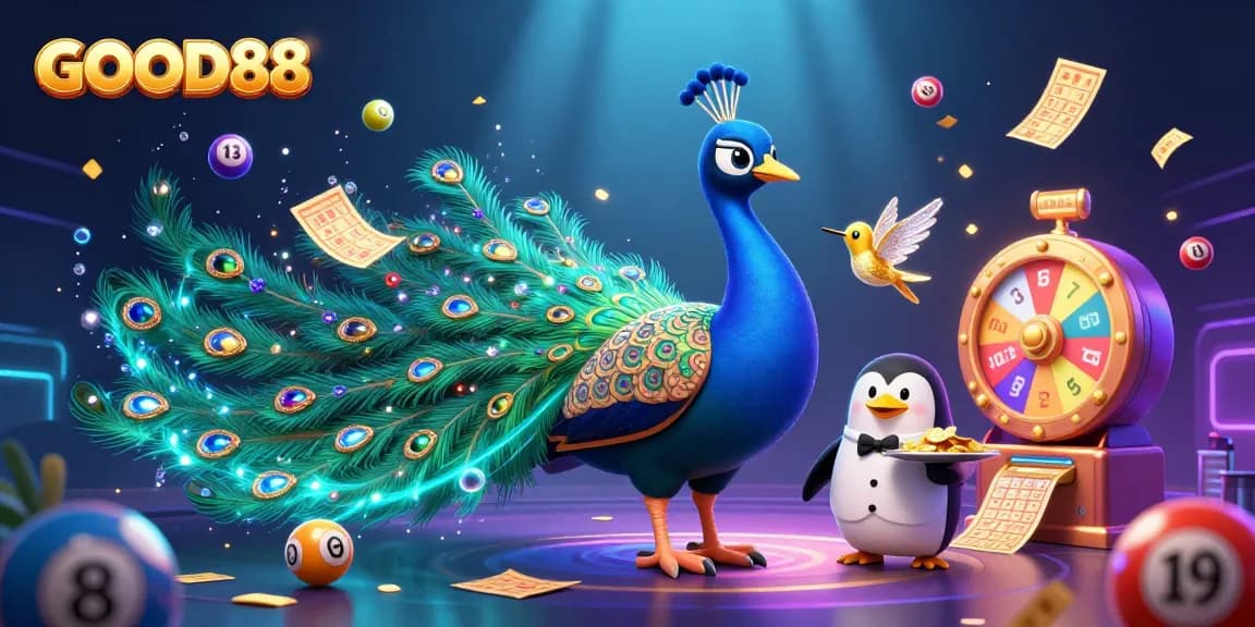 Join the excitement of GOOD88 online casino with vibrant game elements featuring a peacock, a penguin, and dynamic lottery balls.