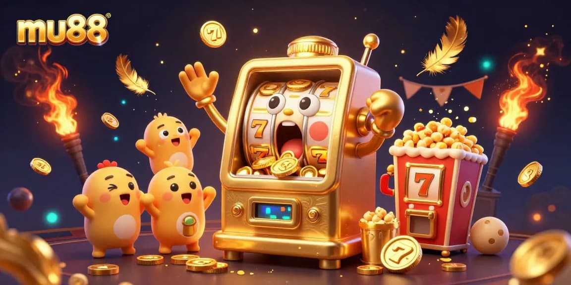 Hit the jackpot with mu88's golden slot machine amidst cheering machines and vibrant casino elements.