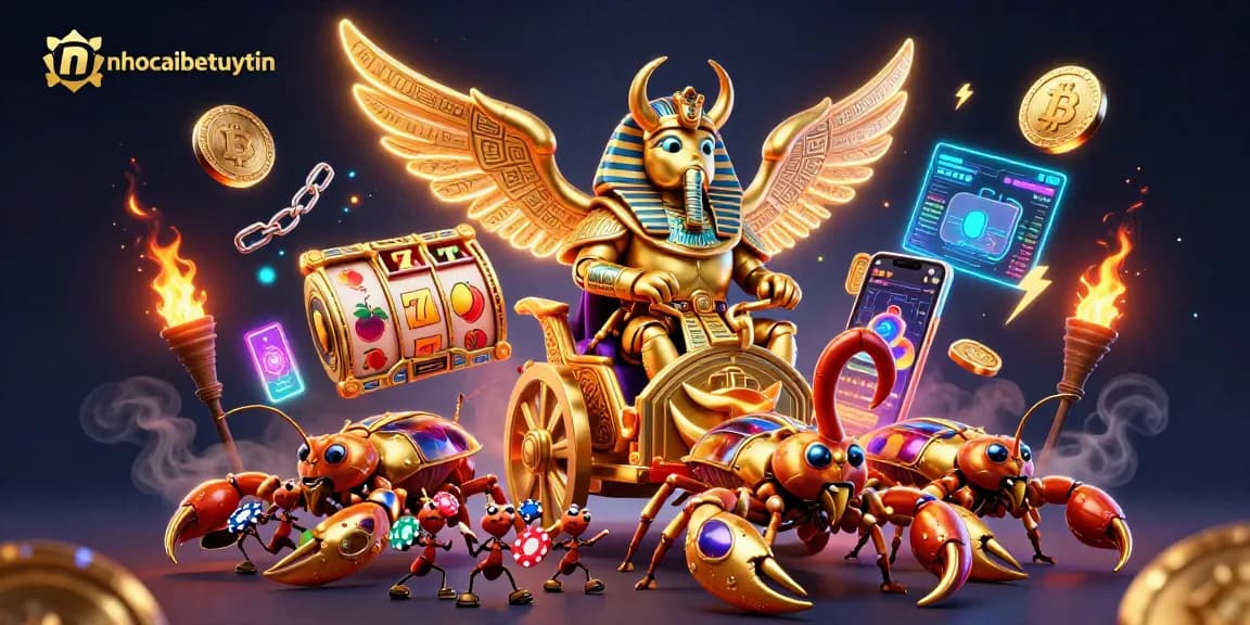 Engage with nhacaibetuytin through a vibrant casino world featuring a golden scarab and slot elements.