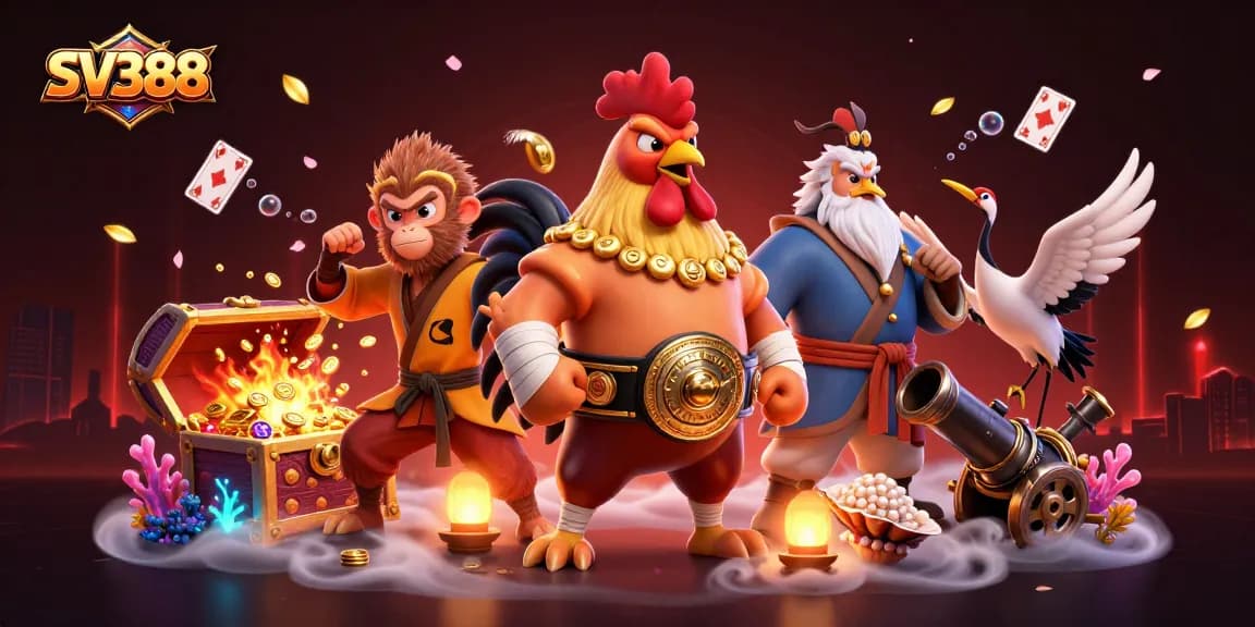 Experience thrilling cockfighting action at SV388 with vibrant characters and dynamic gambling elements.
