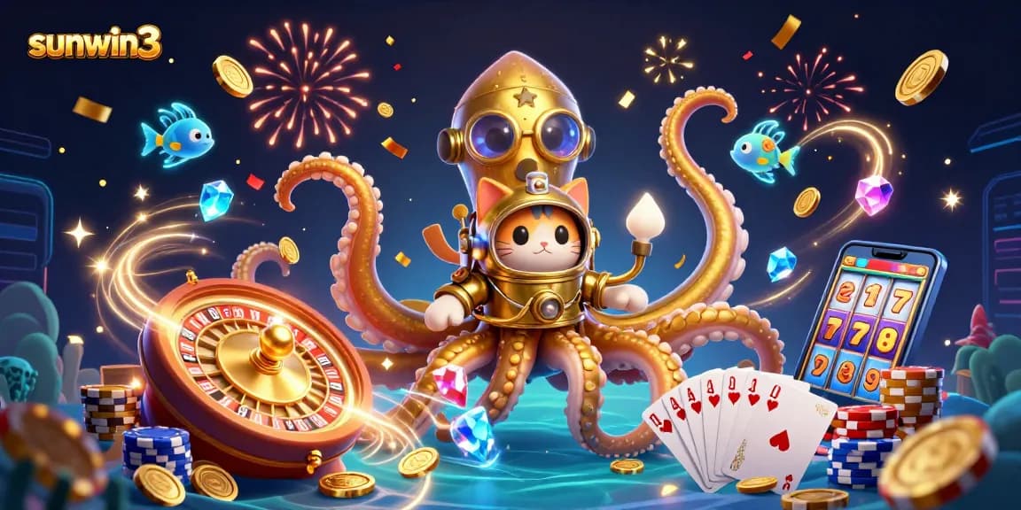 Engage with thrilling games at sunwin3, featuring a big kraken, vibrant casino elements, and dazzling effects.