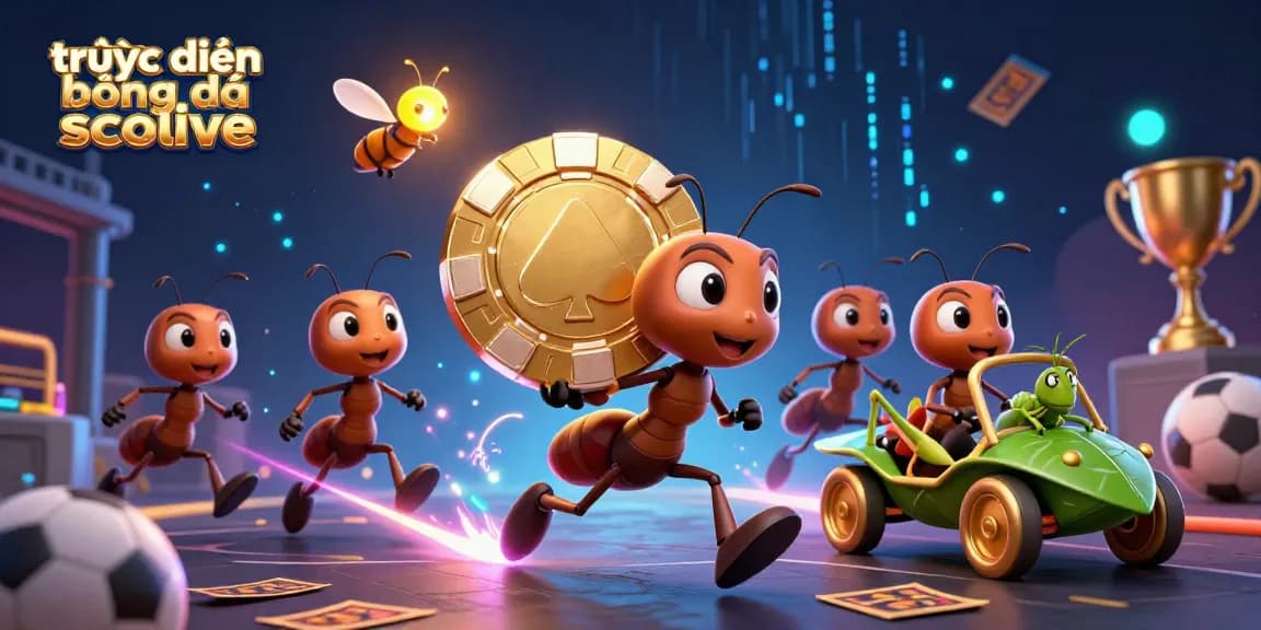 Experience trực tiếp bóng đá socolive with a dynamic illustration of a heist by ants and sports elements.