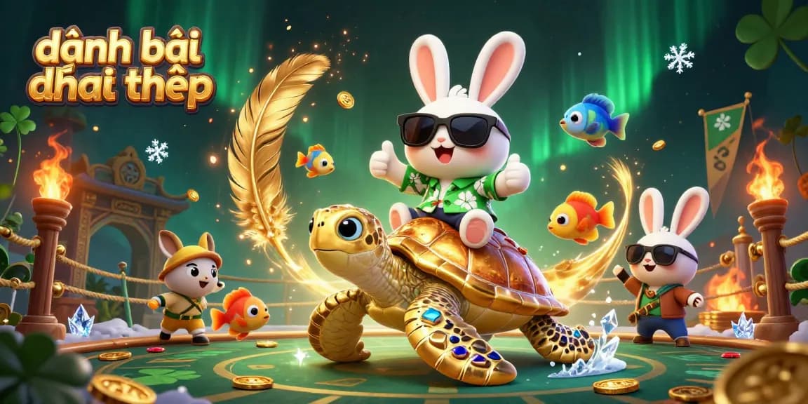 Experience the thrill of đánh bài đổi thưởng with an adorable lucky rabbit and golden turtle in a vibrant casino scene.
